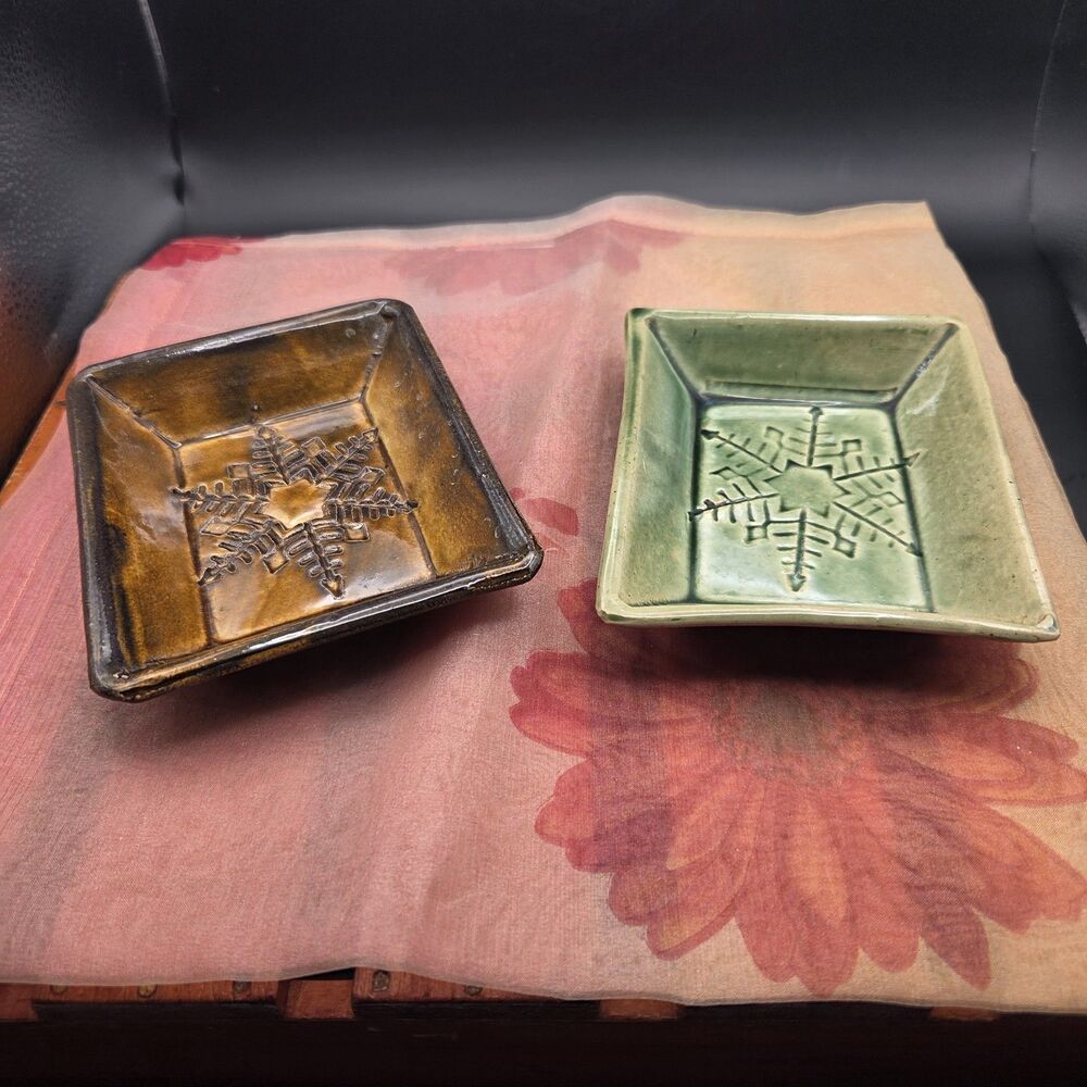 Studio Pottery Snowflake Trinket Dish Set Green Brown